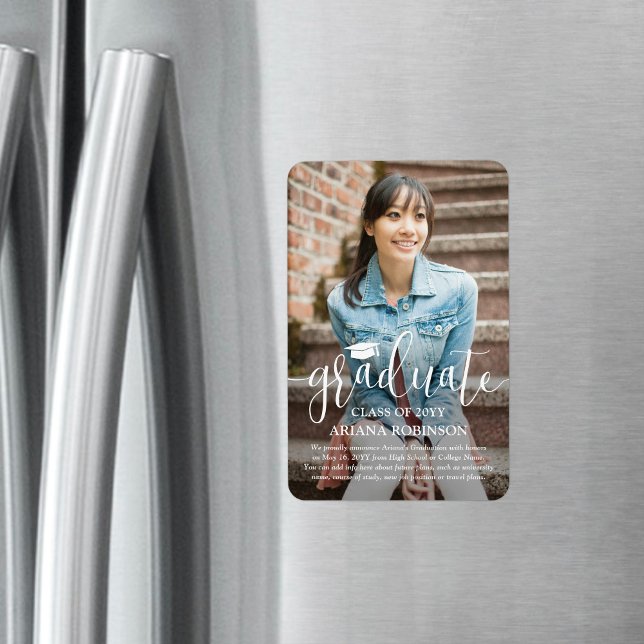 Modern White Script Photo Graduation Announcement Magnet (Creator Uploaded)