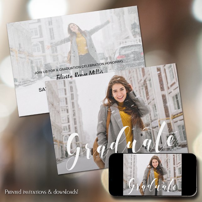 Modern White Script Photo Graduation Invitation (Creator Uploaded)