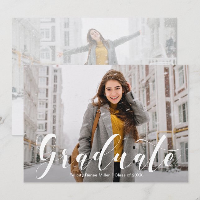 Modern White Script Photo Graduation Invitations (Front/Back)