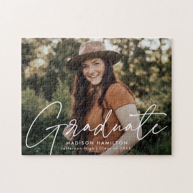 Modern White Script Photo Graduation Jigsaw Puzzle (Horizontal)