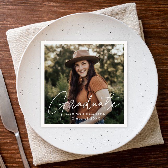 Modern White Script Photo Graduation Napkin (Creator Uploaded)