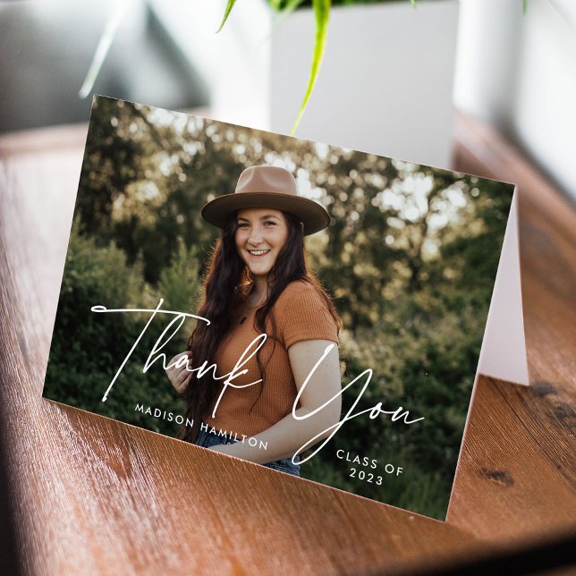 Modern White Script Photo Graduation Thank You Card (Creator Uploaded)