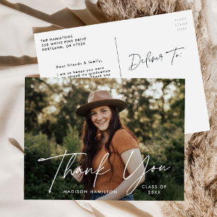 Modern White Script Photo Graduation Thank You Postcard