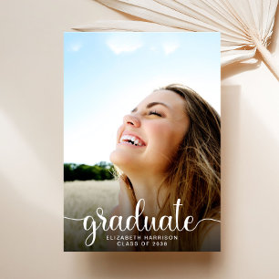 Modern White Script Photo Overlay Graduation Announcement