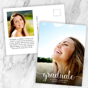 Modern White Script Photo Overlay Graduation Announcement Postcard