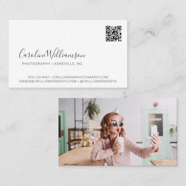 Modern White Script Photo QR Code Minimal Trendy Business Card (Front/Back)