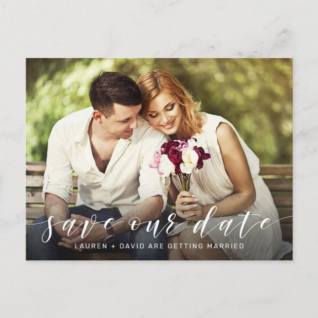 Modern White Script Photo Wedding Save the Date Announcement Postcard (Front)