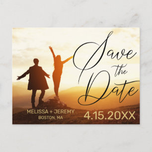 Modern White Script Photo Wedding Save the Date Announcement Postcard