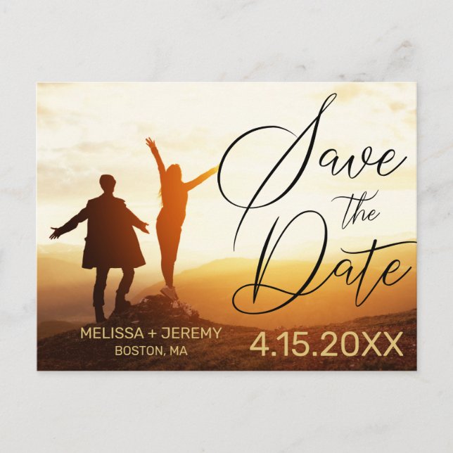 Modern White Script Photo Wedding Save the Date Announcement Postcard (Front)