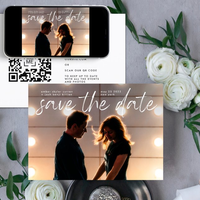 Modern White Script QR code Save The Date Invitation (Creator Uploaded)