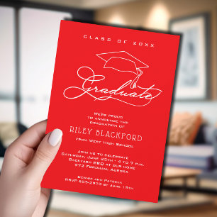 Modern White Script Red Graduation Announcement
