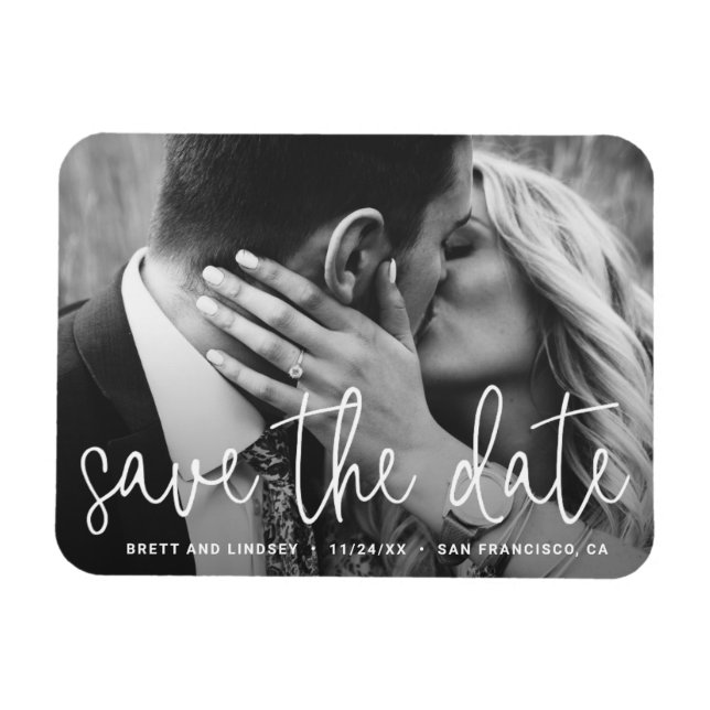Modern White Script Typography Photo Save the Date Magnet (Horizontal)