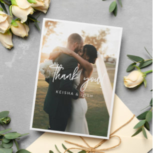 Modern White Script Wedding Photo Thank You