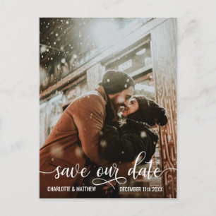 Modern White Script Wedding SAVE OUR DATE w/ PHOTO Announcement Postcard