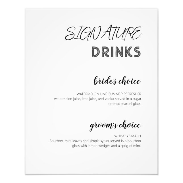 Modern White Signature Drinks Wedding Bar Poster (Front)