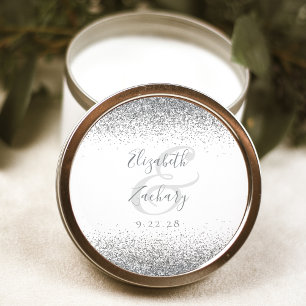 Modern White Silver Glitter Edge Wedding Classic Round Sticker