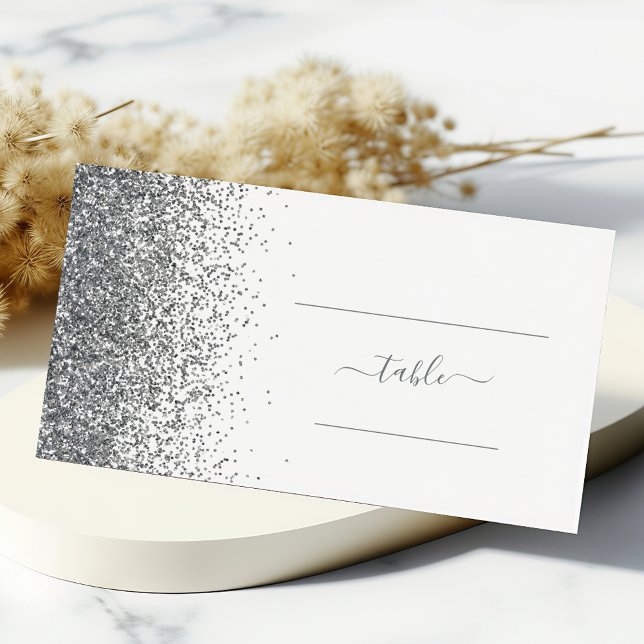 Modern White Silver Glitter Edge Wedding Place Card (Creator Uploaded)
