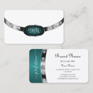 Modern White Silver Teal Faux Diamonds Monogrammed Business Card