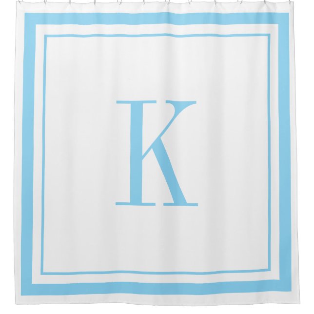 Modern white &sky blue monogram  shower curtain (Front)