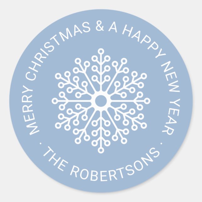 Modern White Snowflake Christmas Tag Round Sticker (Front)