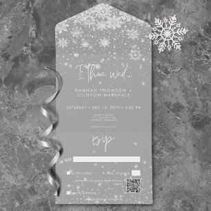 Modern White Sparkle Snowflakes Wedding QR Code All In One Invitation