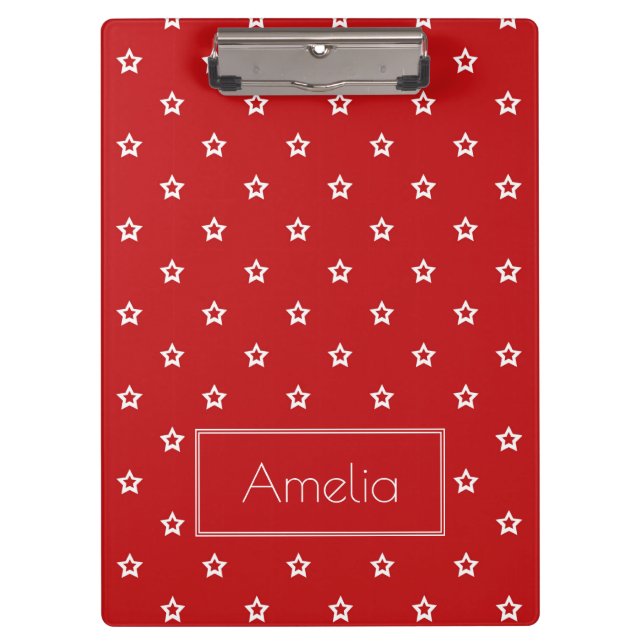 Modern White Stars Pattern on Red Personalised Clipboard (Front)