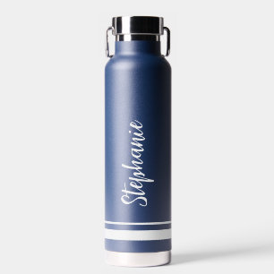Modern White Stripes Navy Wedding Water Bottle