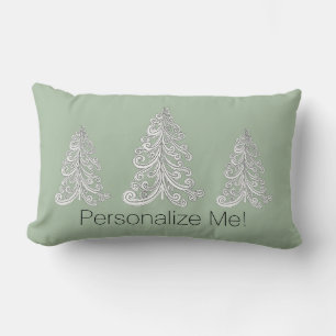 Modern White Swirly Christmas Tree in Sage Green Lumbar Cushion