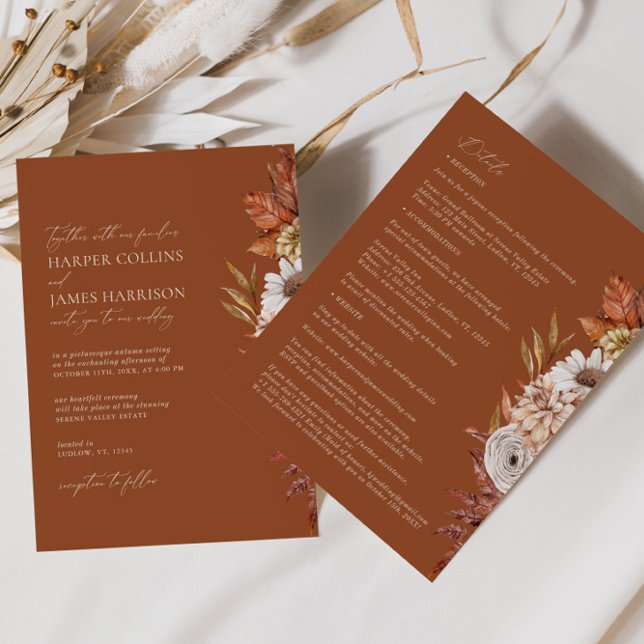 Modern White Terracotta Flowers Boho Fall Wedding Invitation (Creator Uploaded)