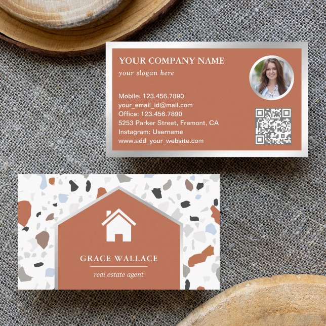 Modern White Terrazzo Real Estate Photo QR Code Business Card (Creator Uploaded)
