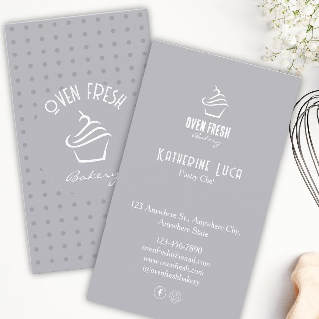 Modern White Text Grey Dots Cupcake Bakery  Business Card (Creator Uploaded)