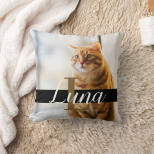 Modern White Text Monogramed Photo Cat Memorial Cushion