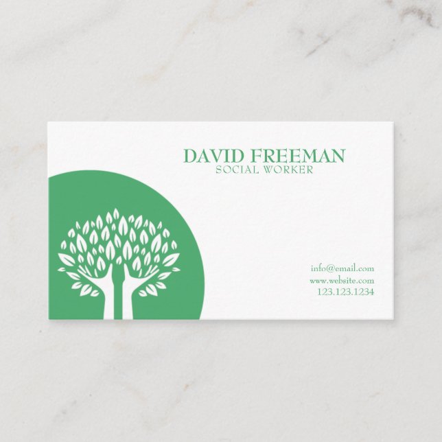Modern White Tree Leaves Social Work Business Card (Front)
