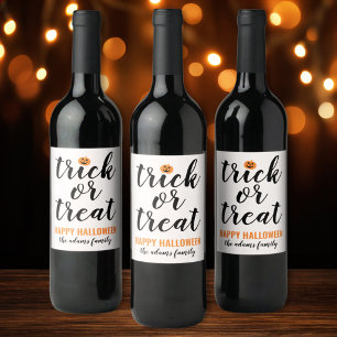 Modern White Trick or Treat Script Family Name Wine Label