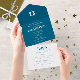 Modern White Typography On Blue Bar Mitzvah All In One Invitation