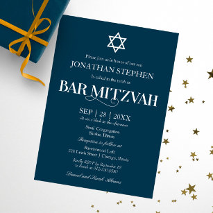 Modern White Typography On Blue Bar Mitzvah Invitation
