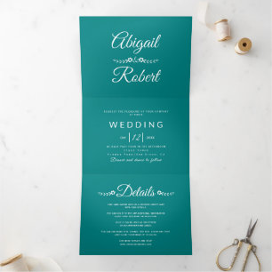 Modern white typography teal blue photo wedding  Tri-Fold invitation