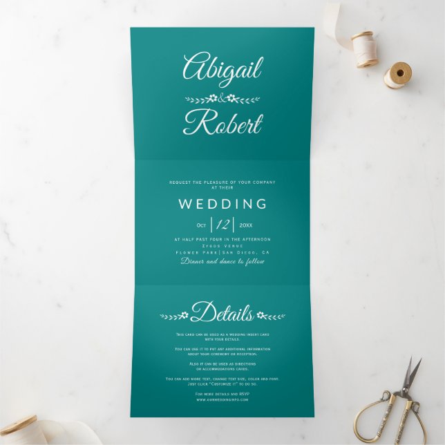 Modern white typography teal blue photo wedding  Tri-Fold invitation (Inside)