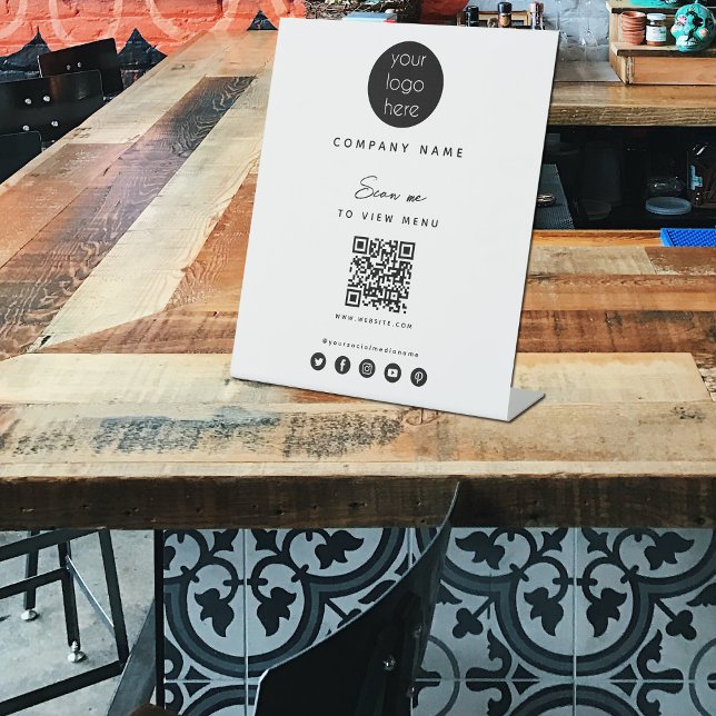 Modern White View Menu QR Code Social Media Pedestal Sign (Creator Uploaded)