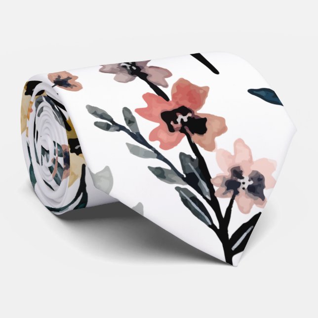 Modern White Watercolor Botanical Floral Pattern Tie (Rolled)