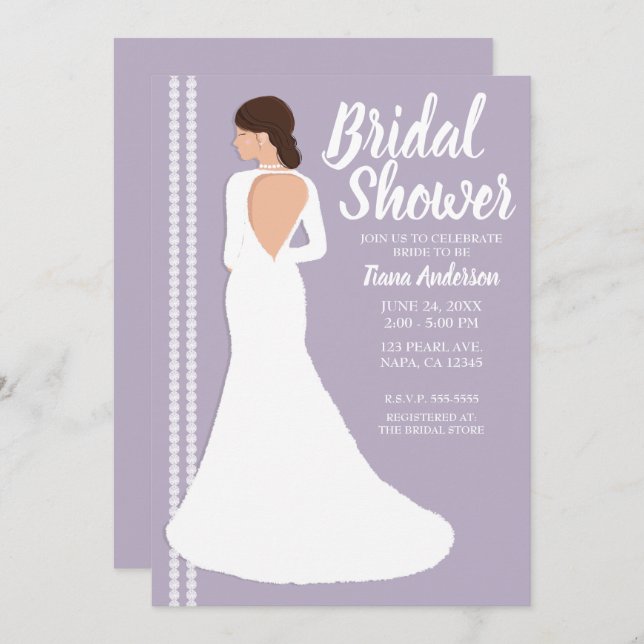 Modern White Wedding Dress & Bling Bridal Shower Invitation (Front/Back)