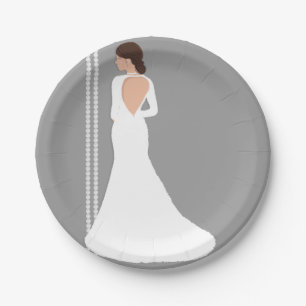 Modern White Wedding Dress Bling Bridal Shower Paper Plate
