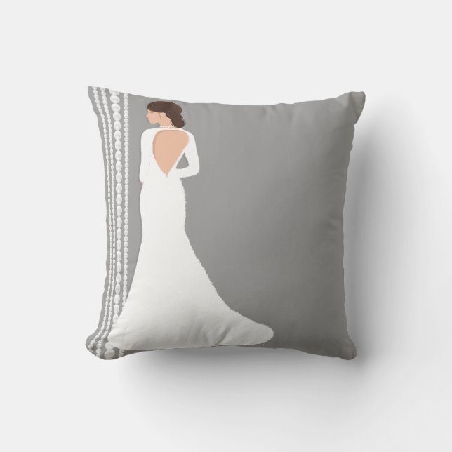 Modern White Wedding Dress & Pearls Bridal Shop Cushion (Front)