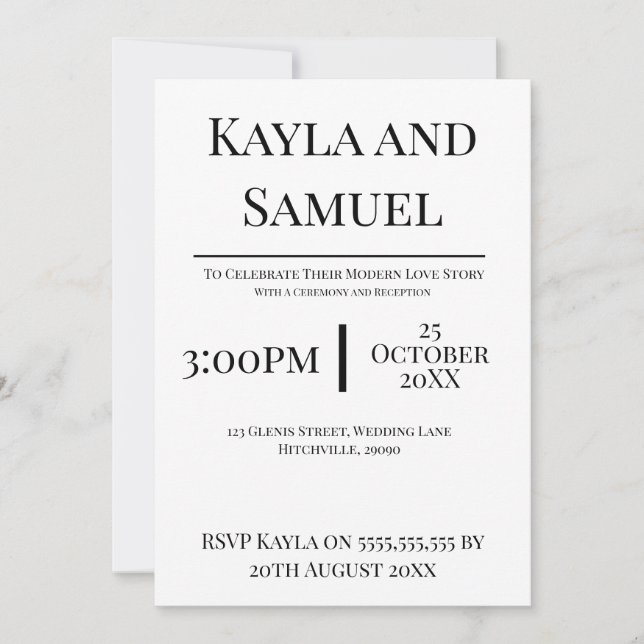 Modern White Wedding Invitation with Black Text (Front)