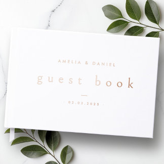 Modern white wedding names and date real foil guest book