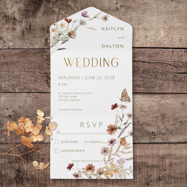 Modern White Wildflower Bouquet No Dinner All In One Invitation (Modern White Wildflower Bouquet All In One Wedding Invitation without Dinner Options)