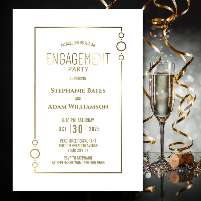 Modern White with Gold Frame Engagement Party Invitation (Creator Uploaded)
