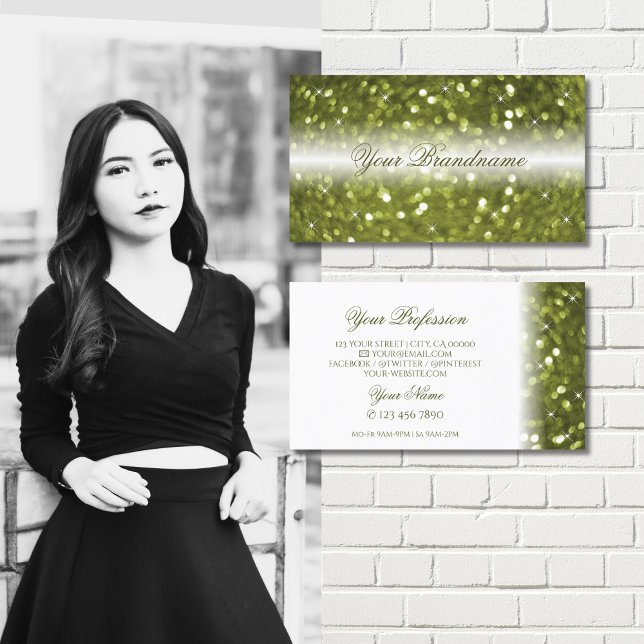 Modern White Yellow Green Sparkle Glitter Stylish Business Card (Creator Uploaded)