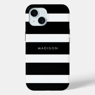 Modern Wide Black and White Stripes Name Monongram iPhone 15 Case