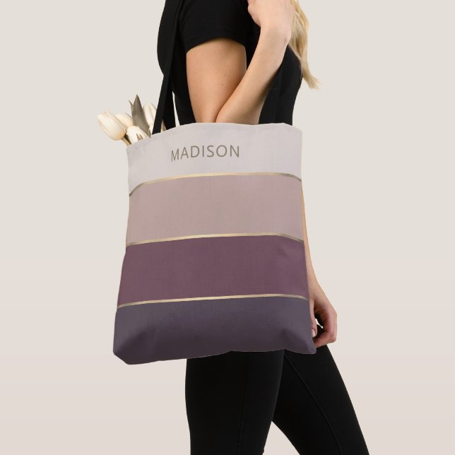 Modern Wide Stripes Gold Monogram Name Tote Bag (Close Up)